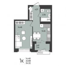 1-комн. квартира в ЖК Перемены, 34.32 м²