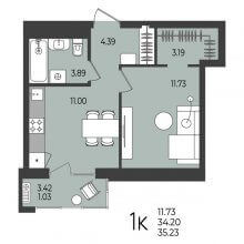 1-комн. квартира в ЖК Перемены, 35.23 м²