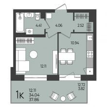 1-комн. квартира в ЖК Перемены, 37.86 м²