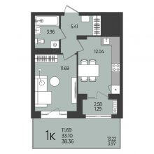 1-комн. квартира в ЖК Перемены, 38.36 м²