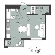 1-комн. квартира в ЖК Перемены, 35.23 м²