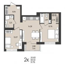 2-комн. квартира в ЖК Перемены, 51.76 м²