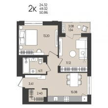 2-комн. квартира в ЖК Перемены, 50.86 м²