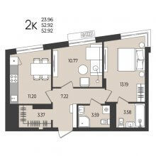 2-комн. квартира в ЖК Перемены, 52.92 м²
