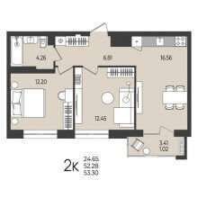 2-комн. квартира в ЖК Перемены, 53.30 м²