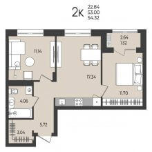 2-комн. квартира в ЖК Перемены, 54.32 м²