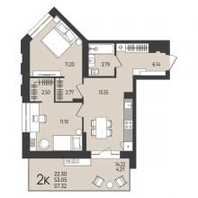 2-комн. квартира в ЖК Перемены, 57.32 м²