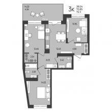 3-комн. квартира в ЖК Перемены, 75.11 м²