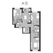 3-комн. квартира в ЖК Перемены, 76.72 м²