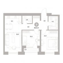 3-комн. евро квартира в ЖК Тихий Компрос, 63.50 м²