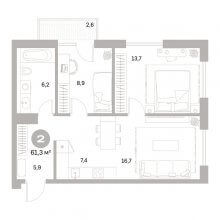 3-комн. евро квартира в ЖК Тихий Компрос, 61.30 м²
