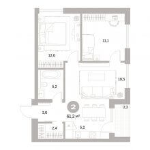 3-комн. евро квартира в ЖК Тихий Компрос, 61.20 м²