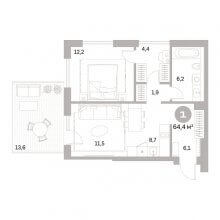 2-комн. евро квартира в ЖК Тихий Компрос, 64.40 м²