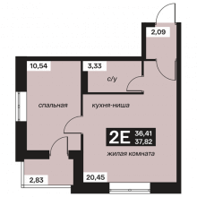 2-комн. евро квартира в ЖК Большой дом на Малой 2, 37.82 м²