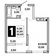 1-комн. квартира в ЖК Самолёт, 32.60 м²