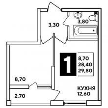 1-комн. квартира в ЖК Самолёт, 29.80 м²