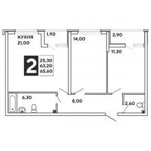 2-комн. квартира в ЖК Самолёт, 65.60 м²