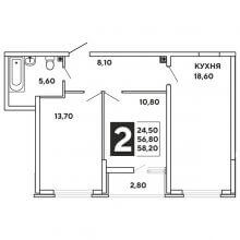 2-комн. квартира в ЖК Самолёт, 58.20 м²