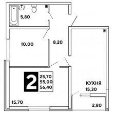 2-комн. квартира в ЖК Самолёт, 56.40 м²