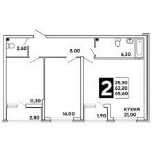 2-комн. квартира в ЖК Самолёт, 65.60 м²