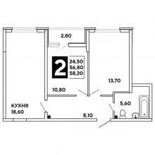 2-комн. квартира в ЖК Самолёт, 58.20 м²