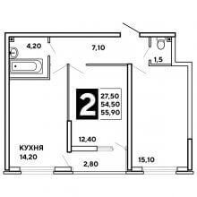 2-комн. квартира в ЖК Самолёт, 55.90 м²