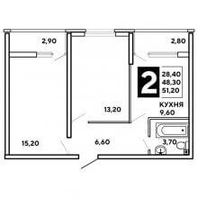 2-комн. квартира в ЖК Самолёт, 51.20 м²