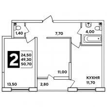 2-комн. квартира в ЖК Самолёт, 50.70 м²