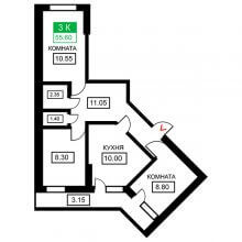 3-комн. квартира в ЖК Дыхание, 55.60 м²