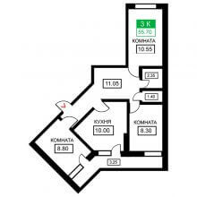 3-комн. квартира в ЖК Дыхание, 55.70 м²