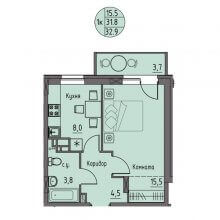 1-комн. квартира в ЖК Волна, 32.90 м²