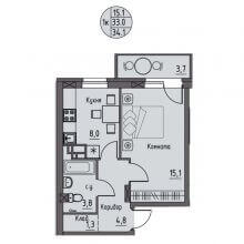 1-комн. квартира в ЖК Волна, 34.10 м²