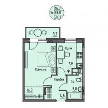1-комн. квартира в ЖК Волна, 34.10 м²