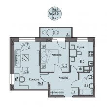 2-комн. квартира в ЖК Волна, 47.01 м²
