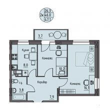 2-комн. квартира в ЖК Волна, 47.10 м²