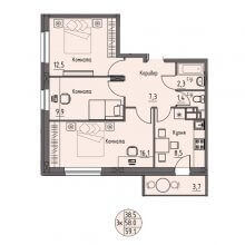 3-комн. квартира в ЖК Волна, 59.10 м²