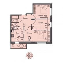 3-комн. квартира в ЖК Волна, 59.10 м²