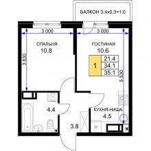 1-комн. квартира в ЖК Ракурс, 35.10 м²