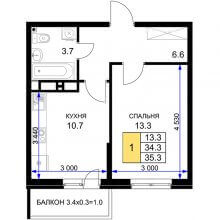 1-комн. квартира в ЖК Ракурс, 35.30 м²