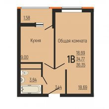 1-комн. квартира в ЖК Славянка, 36.35 м²