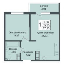 1-комн. квартира в ЖК Зелёный театр, 37.13 м²