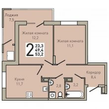 2-комн. квартира в ЖК Все свои, 53.20 м²