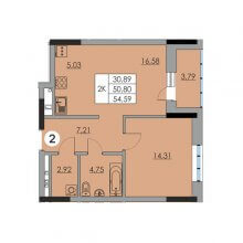 2-комн. евро квартира в ЖК Ньютон, 54.59 м²