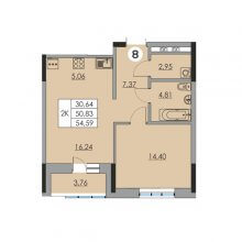 2-комн. евро квартира в ЖК Ньютон, 54.59 м²