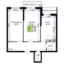 2-комн. квартира в ЖК Дом на Московской, 74.41 м²