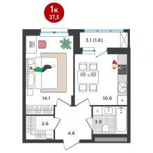 1-комн. квартира в ЖК Орсо дом на Елькина 14, 37.50 м²