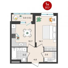 1-комн. квартира в ЖК Орсо дом на Елькина 14, 37.70 м²