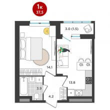1-комн. квартира в ЖК Орсо дом на Елькина 14, 37.50 м²