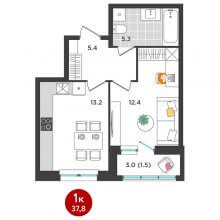 1-комн. квартира в ЖК Орсо дом на Елькина 14, 37.80 м²