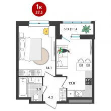 1-комн. квартира в ЖК Орсо дом на Елькина 14, 37.50 м²